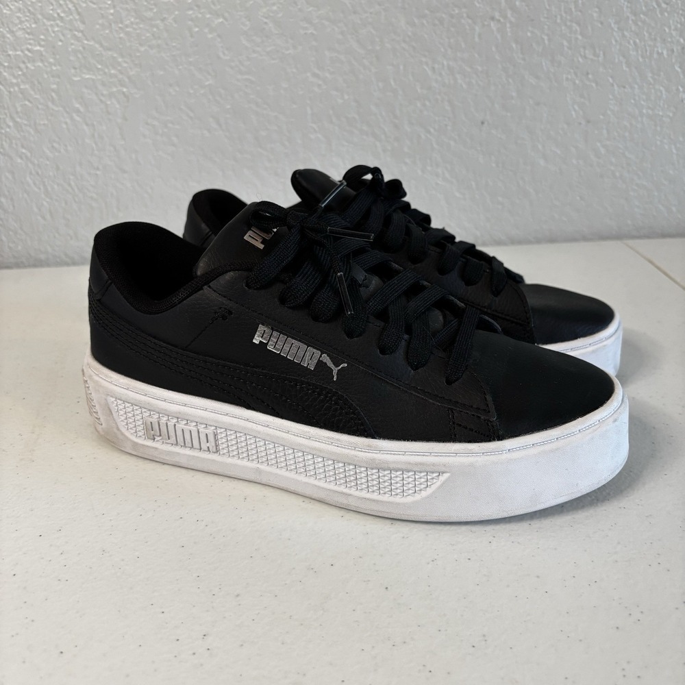 Puma Womens Smash Platform Sneakers Shoes Size 7.5 Black Lace Up Logo Casual